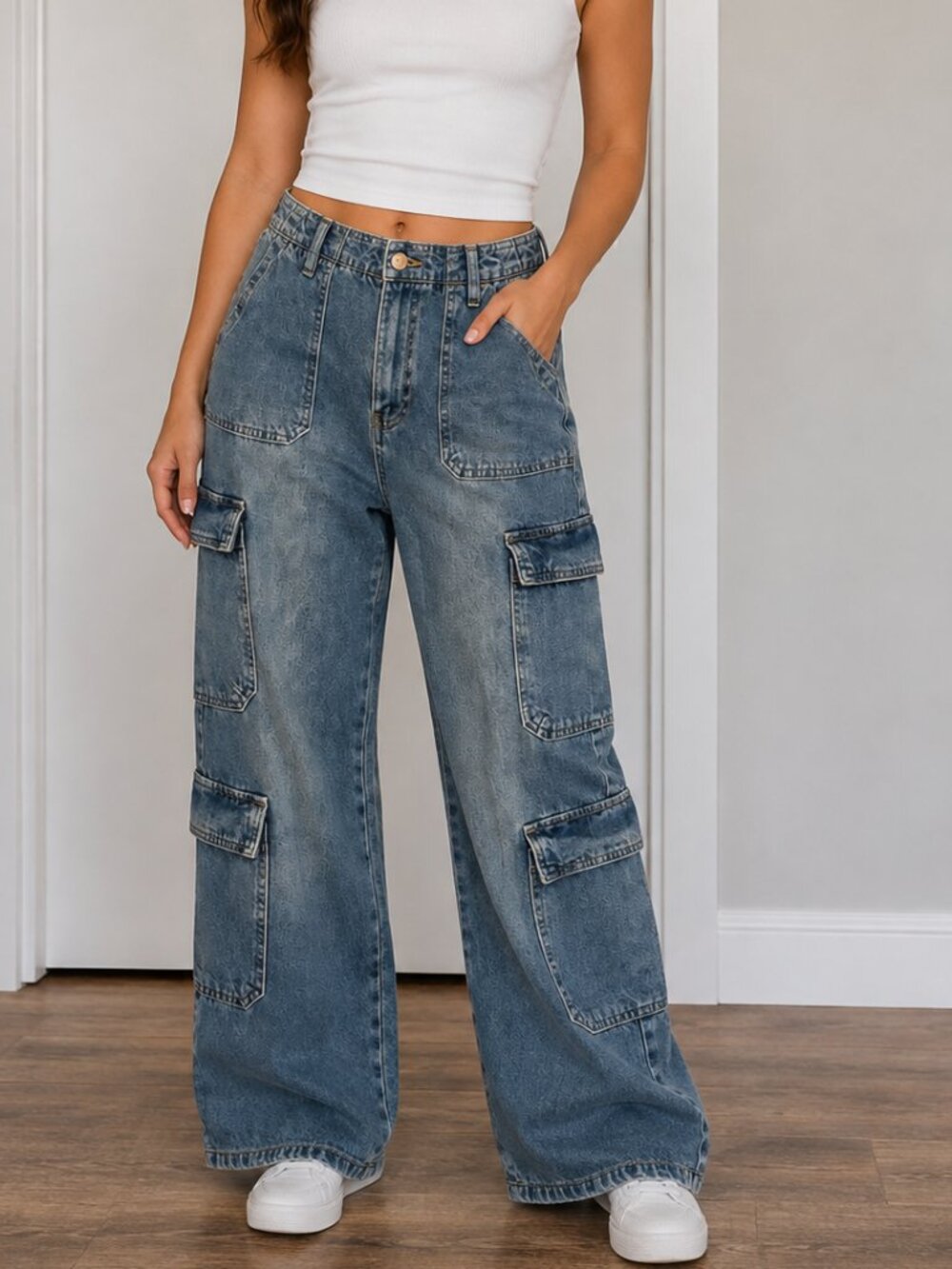 Denim & Co. Cargo Jeans | Size 4 | High-Rise Wide Leg | 100% Cotton